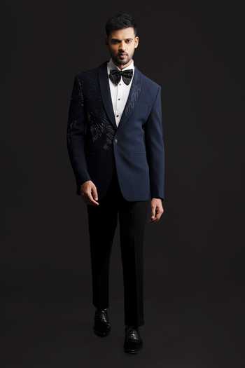 Buy_Sven Suits_Blue Polyester Textured Embroidered Blazer Set _at_Aza_Fashions