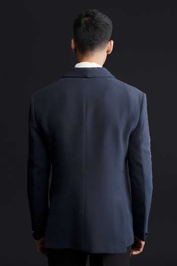 Shop_Sven Suits_Blue Polyester Textured Embroidered Blazer Set _at_Aza_Fashions