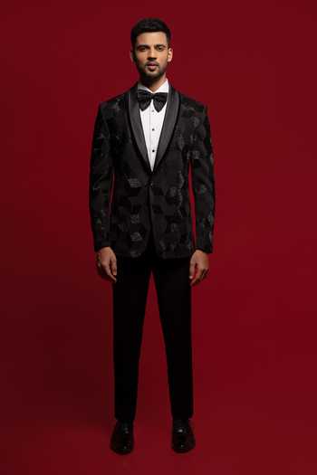 Shop_Sven Suits_Black Viscose, Polyester Geometric Embroidered Blazer Set _at_Aza_Fashions