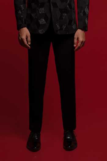 Sven Suits_Black Viscose, Polyester Geometric Embroidered Blazer Set _Online_at_Aza_Fashions