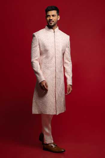 Buy_Sven Suits_Pink Silk Embroidered Sherwani And Kurta Set _at_Aza_Fashions