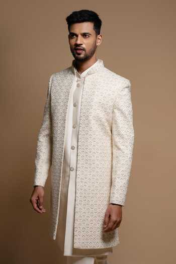 Buy_Sven Suits_Off White Silk Embroidered Sherwani And Kurta Set _Online_at_Aza_Fashions