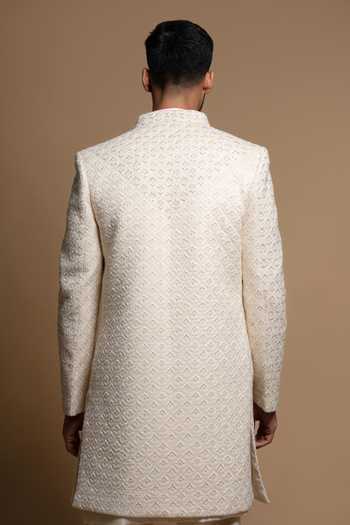 Shop_Sven Suits_Off White Silk Embroidered Sherwani And Kurta Set _at_Aza_Fashions
