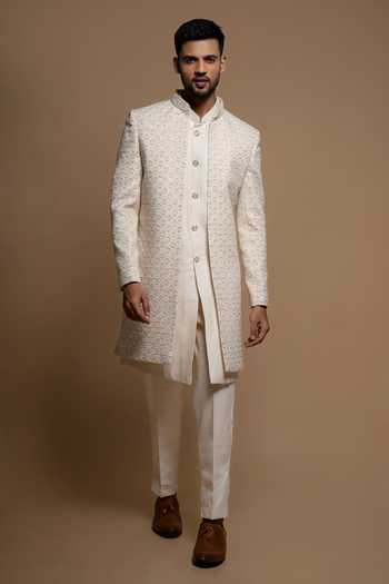 Buy_Sven Suits_Off White Silk Embroidered Sherwani And Kurta Set _at_Aza_Fashions