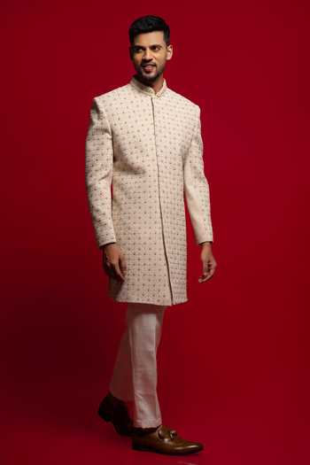 Buy_Sven Suits_Cream Silk Stone Embroidered Sherwani Set _at_Aza_Fashions