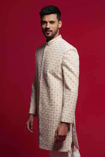 Buy_Sven Suits_Cream Silk Stone Embroidered Sherwani Set _Online_at_Aza_Fashions