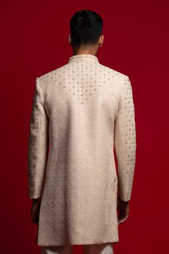 Shop_Sven Suits_Cream Silk Stone Embroidered Sherwani Set _at_Aza_Fashions