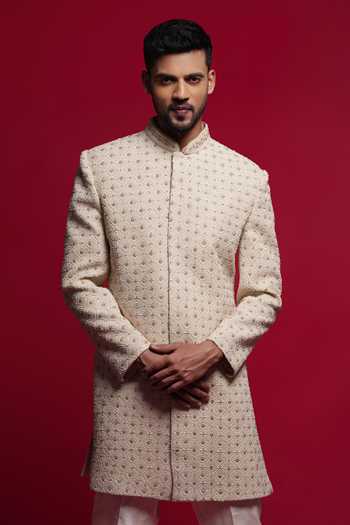 Shop_Sven Suits_Cream Silk Stone Embroidered Sherwani Set _Online_at_Aza_Fashions