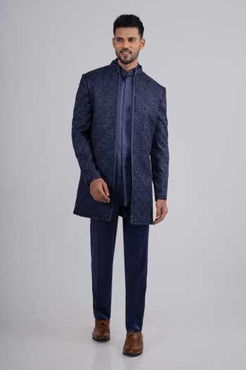 Buy_Sven Suits_Blue Silk Embroidery, Stones, Cut Work Sherwani Jacket Set _at_Aza_Fashions