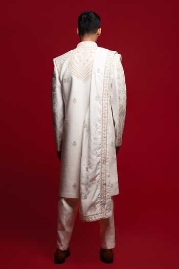 Shop_Sven Suits_White Silk Embroidered Sherwani Set _at_Aza_Fashions