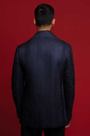 Shop_Sven Suits_Blue Silk Stones Cutdana Embroidered Bandhgala Set _at_Aza_Fashions