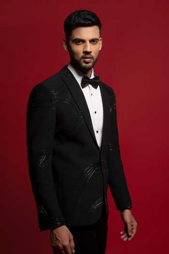 Sven Suits_Black Viscose, Polyester Cutdana Embroidered Blazer Set _at_Aza_Fashions
