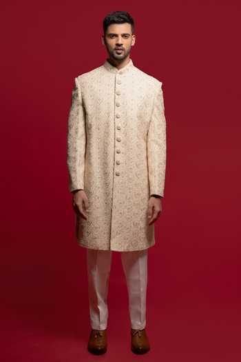 Buy_Sven Suits_Beige Silk Cutdana Embroidered Sherwani Set _at_Aza_Fashions