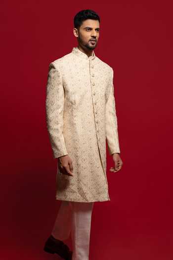 Buy_Sven Suits_Beige Silk Cutdana Embroidered Sherwani Set _Online_at_Aza_Fashions