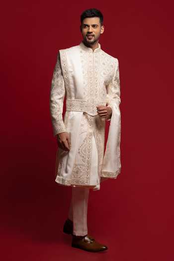 Shop_Sven Suits_Off White Silk Zari Embroidered Sherwani Set _at_Aza_Fashions