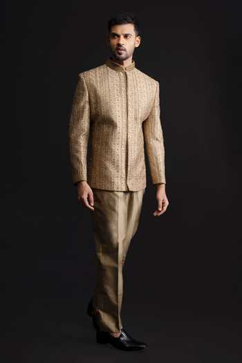 Buy_Sven Suits_Brown Silk Sequins Embroidered Bandhgala Set _at_Aza_Fashions