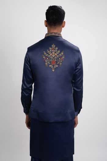 Shop_Sven Suits_Blue Satin Embroidery, Sequins, Zari, Cut Work Bundi And Kurta Set _at_Aza_Fashions