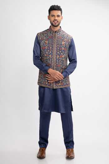 Buy_Sven Suits_Blue Satin Embroidery, Sequins, Zari, Cut Work Bundi And Kurta Set _at_Aza_Fashions