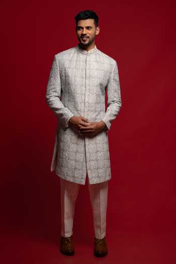 Buy_Sven Suits_Blue Silk Embroidered Sherwani Set _at_Aza_Fashions
