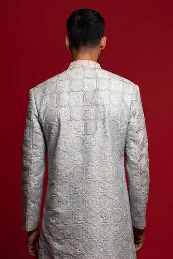Shop_Sven Suits_Blue Silk Embroidered Sherwani Set _at_Aza_Fashions