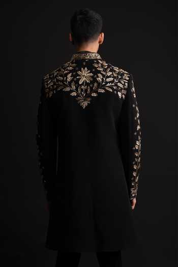 Shop_Sven Suits_Black Polyester Floral Embroidered Sherwani Set _at_Aza_Fashions