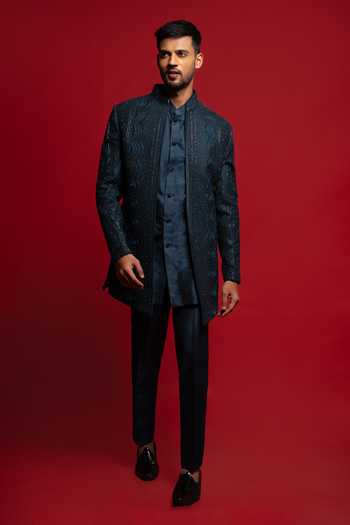 Buy_Sven Suits_Green Silk Embroidered Sherwani Set _at_Aza_Fashions
