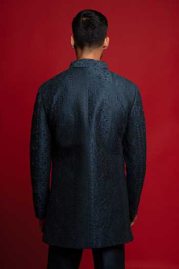 Shop_Sven Suits_Green Silk Embroidered Sherwani Set _at_Aza_Fashions