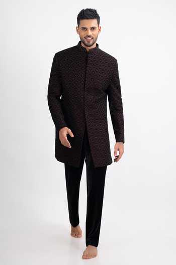 Buy_Sven Suits_Maroon Velvet Beads, Stones, Cut Work Embroidered Bandhgala And Kurta Set _at_Aza_Fashions