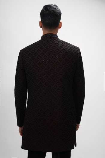 Shop_Sven Suits_Maroon Velvet Beads, Stones, Cut Work Embroidered Bandhgala And Kurta Set _at_Aza_Fashions