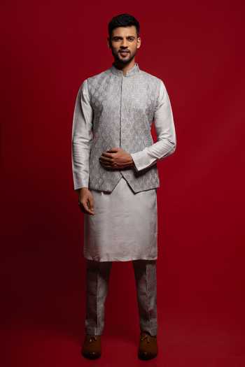 Buy_Sven Suits_Grey Silk Embroidery, Sequins, Stones Bundi And Kurta Set _at_Aza_Fashions
