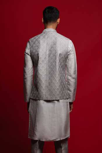 Shop_Sven Suits_Grey Silk Embroidery, Sequins, Stones Bundi And Kurta Set _at_Aza_Fashions