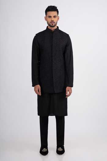 Shop_Sven Suits_Black Silk Stones Chevron Embroidered Bundi And Kurta Set _at_Aza_Fashions