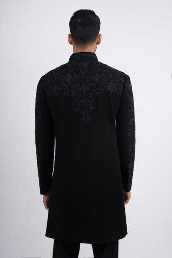Shop_Sven Suits_Black Silk Embroidered Sherwani And Kurta Set _at_Aza_Fashions