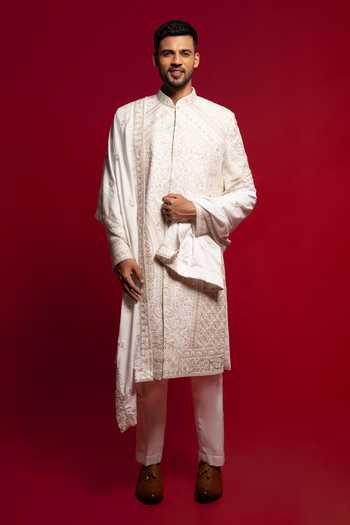 Buy_Sven Suits_White Silk Embroidered Sherwani Set _at_Aza_Fashions
