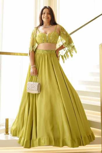 Buy_One Knot One By Ashna_Green Tissue, Crepe Sequins, Beads, Embroidery Designer Lehenga Set With Cape _at_Aza_Fashions