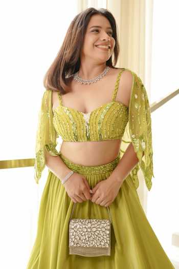 Shop_One Knot One By Ashna_Green Tissue, Crepe Sequins, Beads, Embroidery Designer Lehenga Set With Cape _at_Aza_Fashions