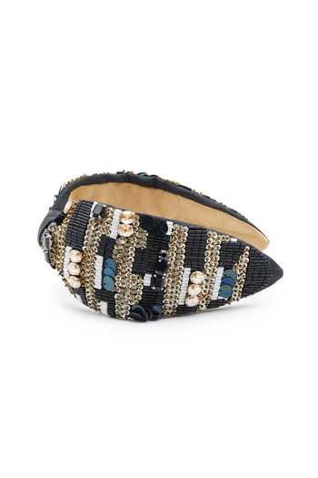 APT FOREVER_Black Embroidery, Sequins, Beads, Shimmering Splendorshot Beaded Headband _at_Aza_Fashions