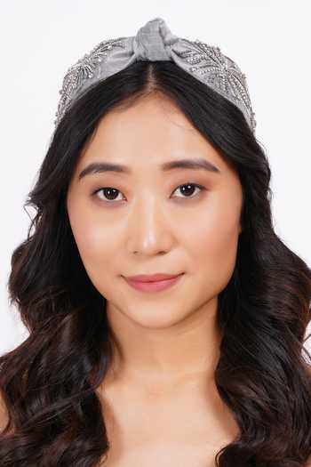 APT FOREVER_Grey Embroidery, Beads, Rhinestones Cosmic Fireworks Cotton Headband _at_Aza_Fashions