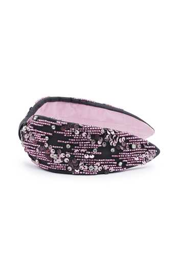 APT FOREVER_Magenta Sequins, Beads, Rhinestones Glittering Gems Handmade Headband _at_Aza_Fashions