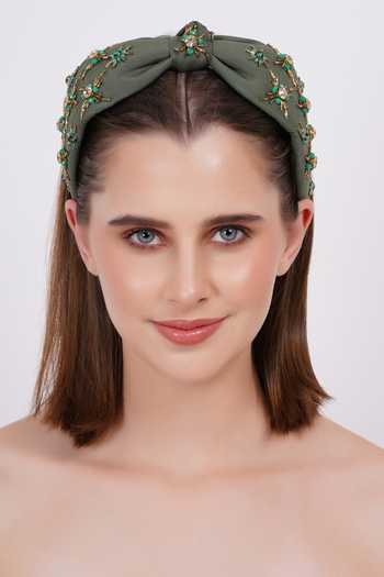 Buy_APT FOREVER_Olive Green Embroidery, Beads, Rhinestones Opulence Beaded Headband _at_Aza_Fashions