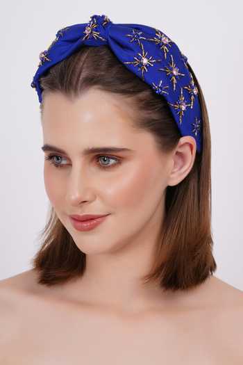 Buy_APT FOREVER_Blue Embroidery, Beads, Rhinestones, Crystals Opulence Top Knot Headband _at_Aza_Fashions