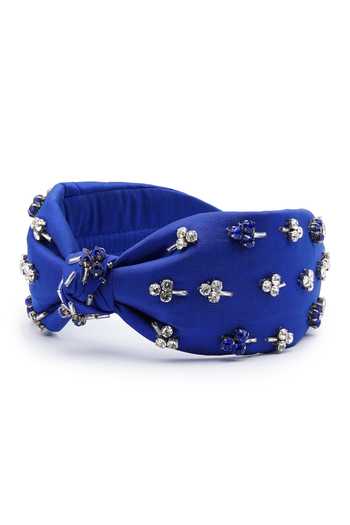 APT FOREVER_Navy Beads, Rhinestones, Jewelled Treasure Handmade Cotton Top Knot Headband _at_Aza_Fashions