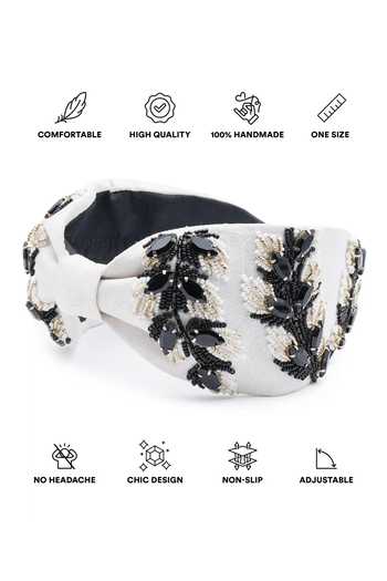 Shop_APT FOREVER_White Embroidery, Beads, Metallic Thread, Gilded Ivy Handmade Headband _Online_at_Aza_Fashions