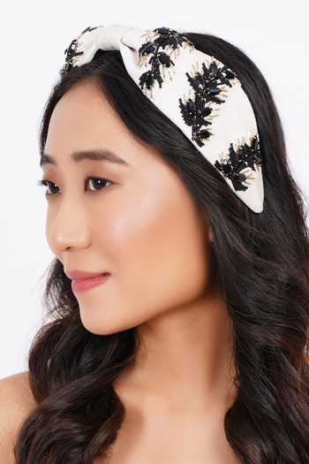Buy_APT FOREVER_White Embroidery, Beads, Metallic Thread, Gilded Ivy Handmade Headband _at_Aza_Fashions