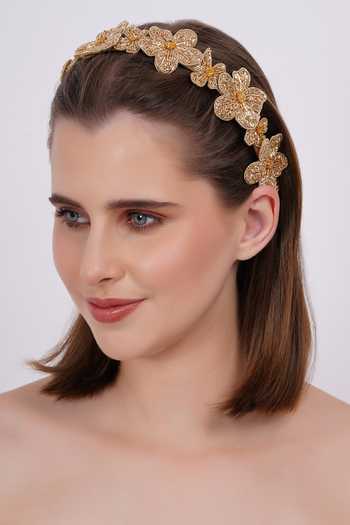 Buy_APT FOREVER_Gold Embroidery, Beads, Rhinestones Magnolia Majesty Headband _at_Aza_Fashions