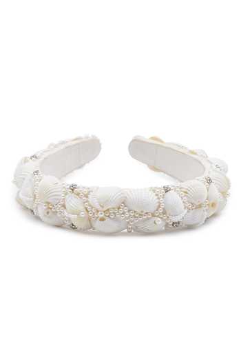 Shop_APT FOREVER_White Beads, Pearls, Rhinestones Shell Flora Diadems Handmade Headband _at_Aza_Fashions