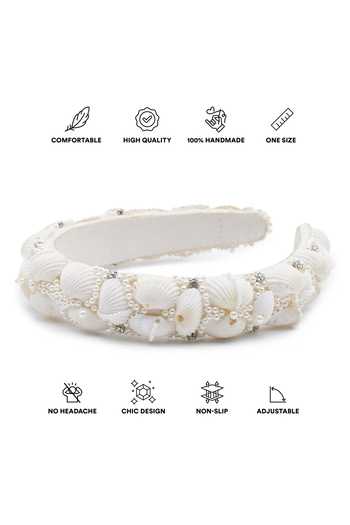 APT FOREVER_White Beads, Pearls, Rhinestones Shell Flora Diadems Handmade Headband _Online_at_Aza_Fashions