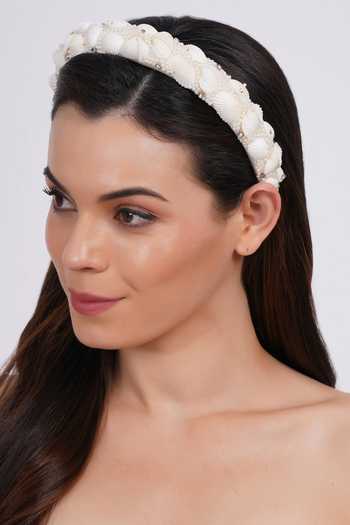 Shop_APT FOREVER_White Beads, Pearls, Rhinestones Shell Flora Diadems Handmade Headband _Online_at_Aza_Fashions