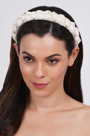 Buy_APT FOREVER_White Beads, Pearls, Rhinestones Shell Flora Diadems Handmade Headband _at_Aza_Fashions