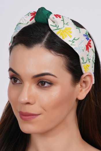 Buy_APT FOREVER_White Embroidery, Beads, Rhinestones Whimsy Bloom Headband _at_Aza_Fashions